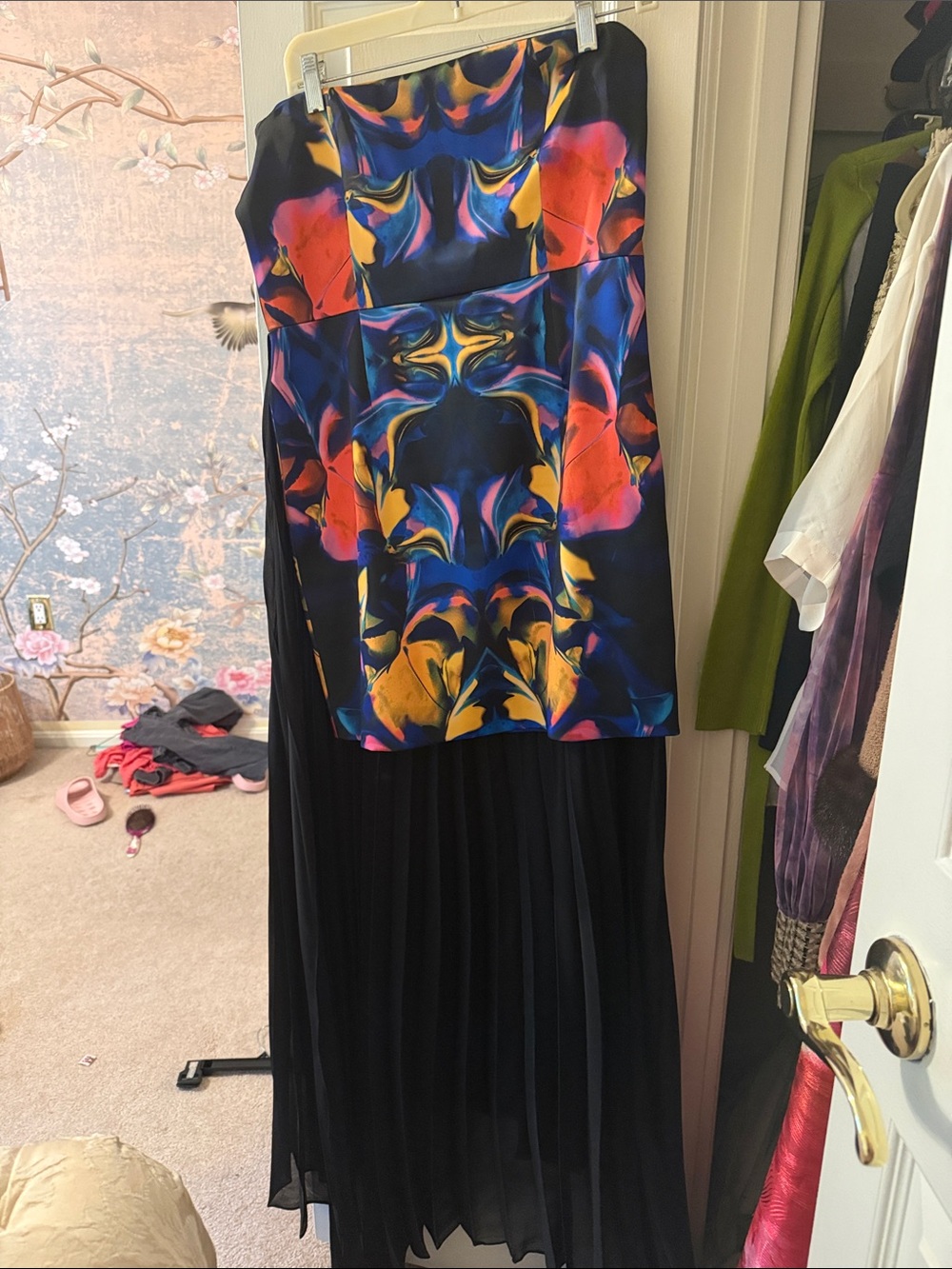 Karen Millen Black High-Low Skirt with Vibrant Abstract Panel